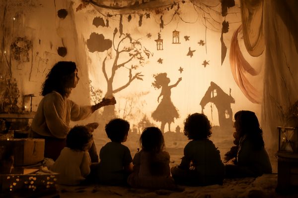 Educadora narrando uma história em teatro de sombras para crianças