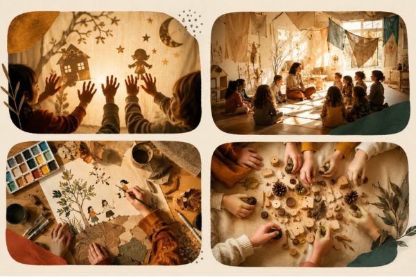 Colagem com cenas do Reggionarra: teatro de sombras, roda de educadores, ateliê de aquarelas e mesa de elementos naturais