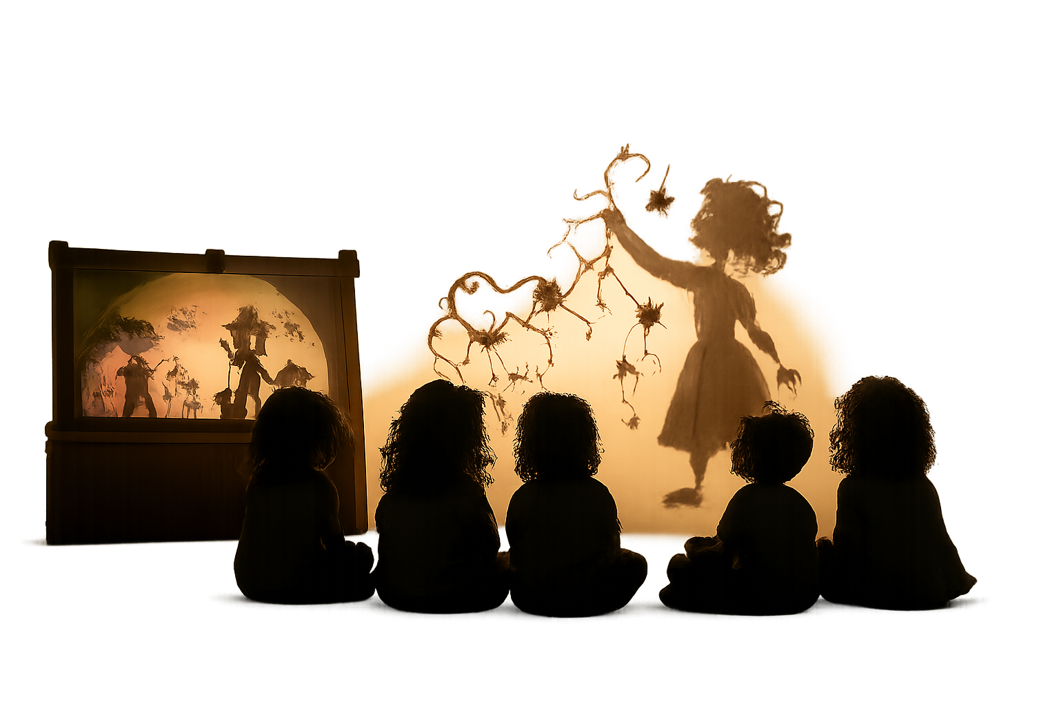 Crianças em silhueta assistindo a um teatro de sombras